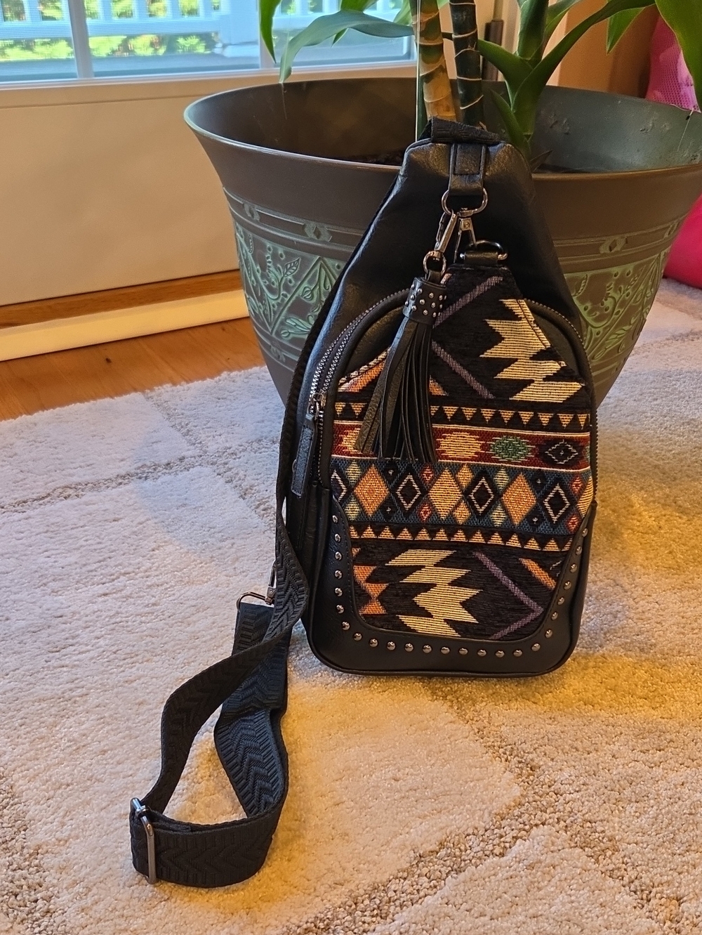 Samd And Hadley Black Aztec-Pattern Crossbody Sling Bag with Tassel